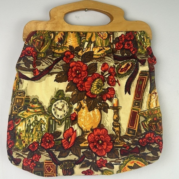Vintage Sewing Knitting Crafting Bag Wooden Handle Novelty Fabric Old Fashion - Picture 5 of 16